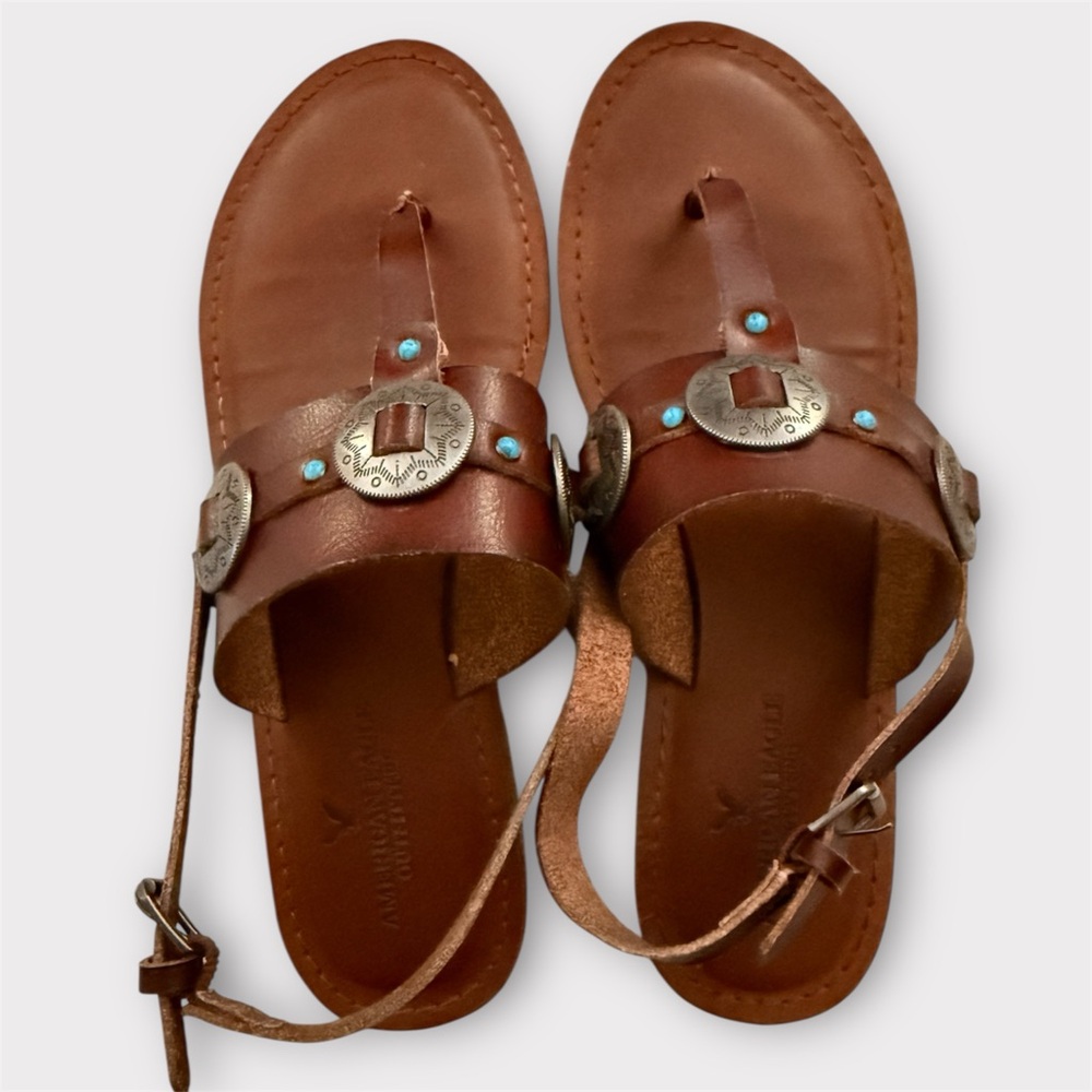 American Eagle Outfitters Brown Leather Sandals with Metal Details